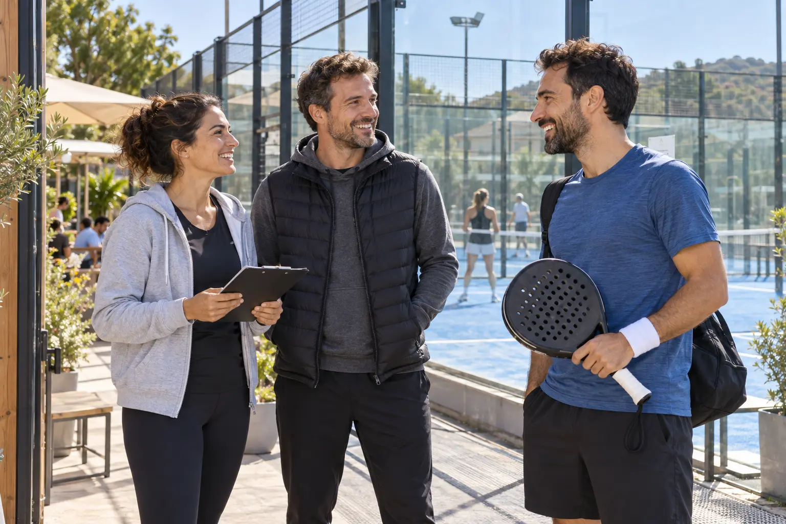 Illusztratív jelenet a szervezőkről és egy játékosról egy helyi padel klubban
